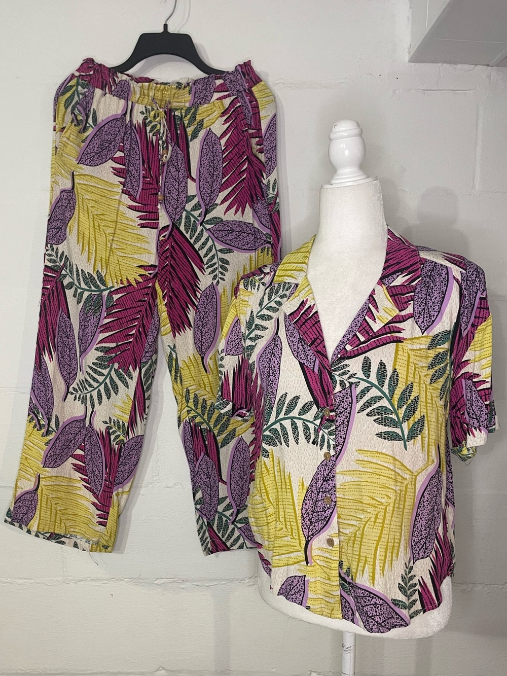 Jane and Delancey Short-Sleeve Tropical Button-Down and Matching Pants.